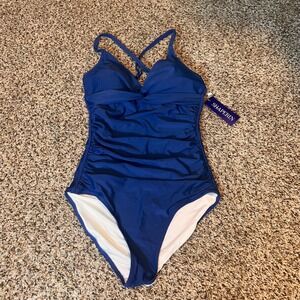 Shaperin Blue Ruched Criss Cross One Piece‎ Swimsuit